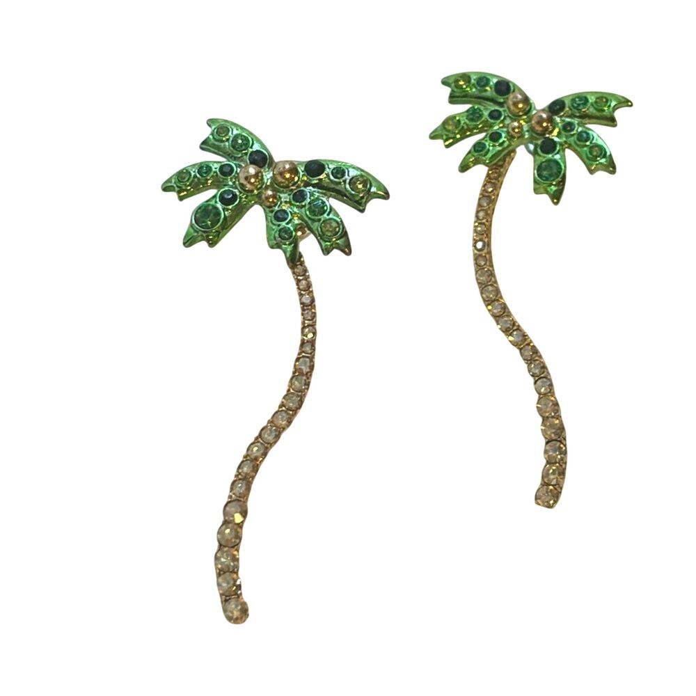 Sugarfix Palm Tree Dangle Earrings Green Rhinestone Tropical Statement